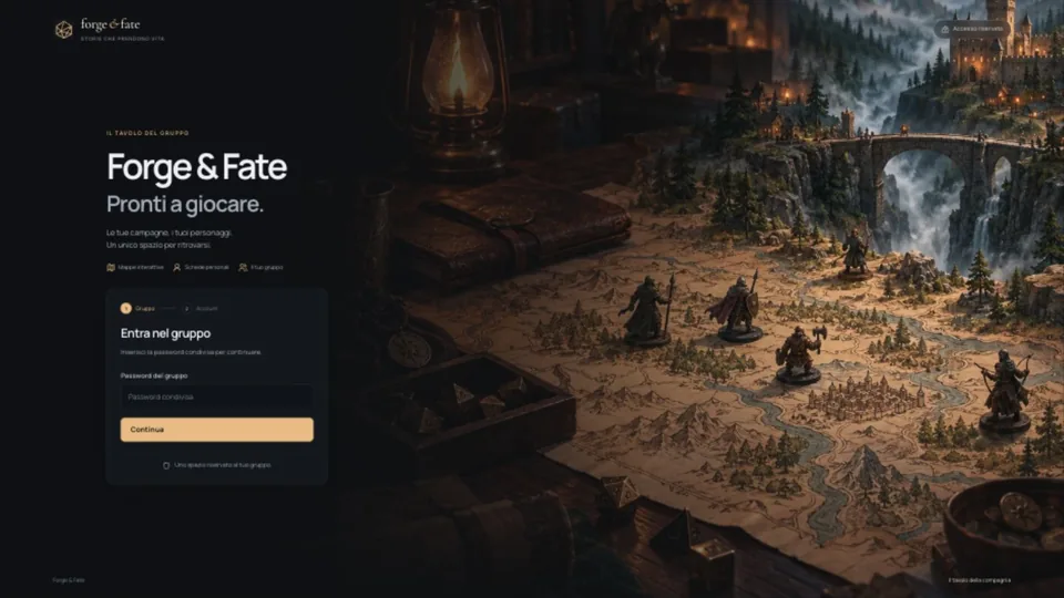 Forge & Fate landing page with a fantasy tabletop map, miniatures and the group access form